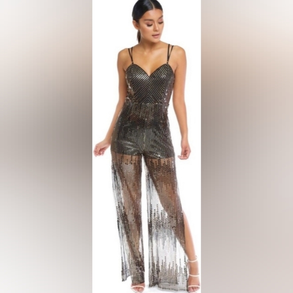 LUXXEL Riri Sequin Jumpsuit silver black mesh sparkly ✨ - Picture 1 of 11